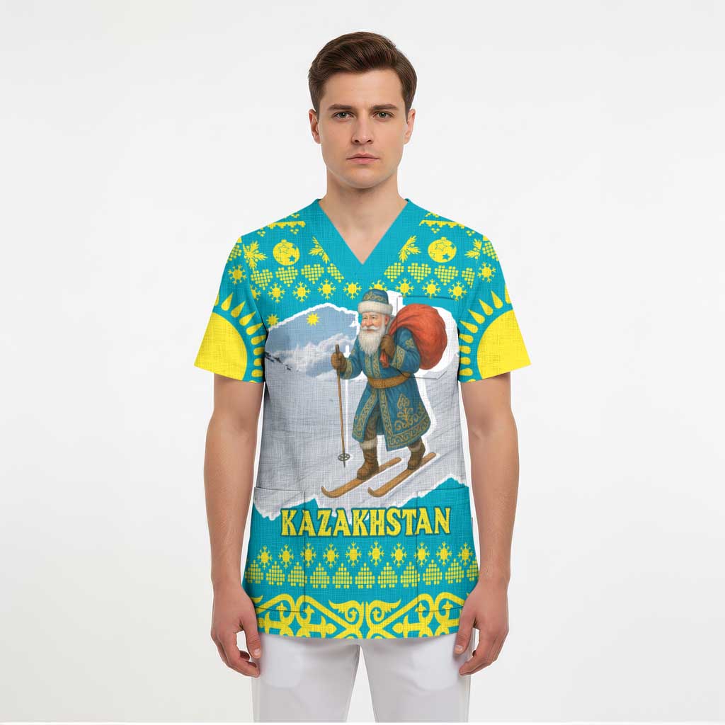 Kazakhstan Christmas Scrub Top with Santa Skiing in Traditional Outfit Snow Mountain and Sun Pattern - Wonder Print Shop