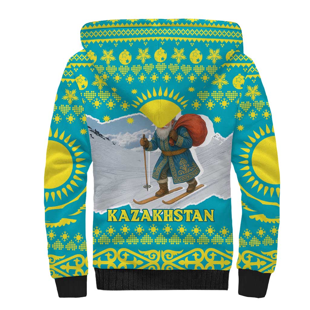 Kazakhstan Christmas Sherpa Hoodie with Santa Skiing in Traditional Outfit Snow Mountain and Sun Pattern - Wonder Print Shop