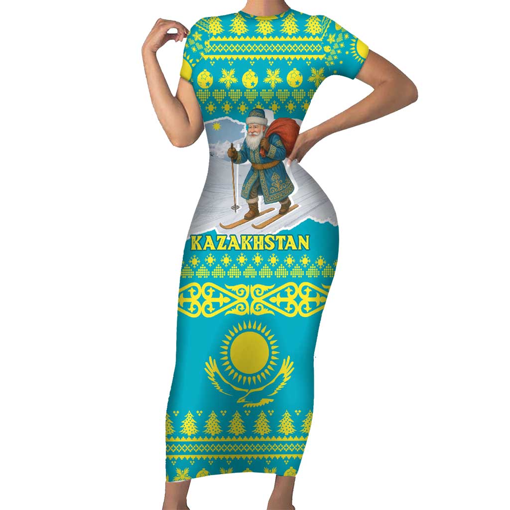 Kazakhstan Christmas Short Sleeve Bodycon Dress with Santa Skiing in Traditional Outfit Snow Mountain and Sun Pattern - Wonder Print Shop