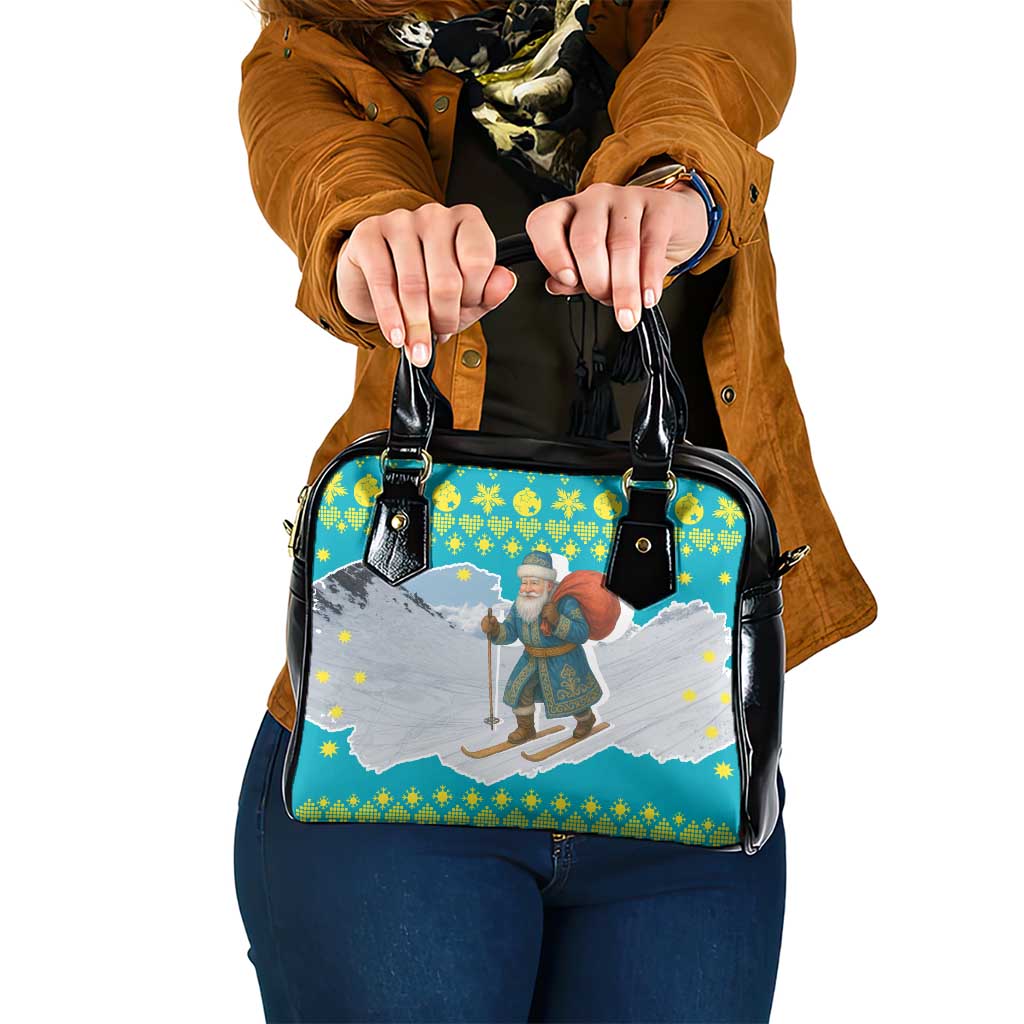 Kazakhstan Christmas Shoulder Handbag with Santa Skiing in Traditional Outfit Snow Mountain and Sun Pattern - Wonder Print Shop