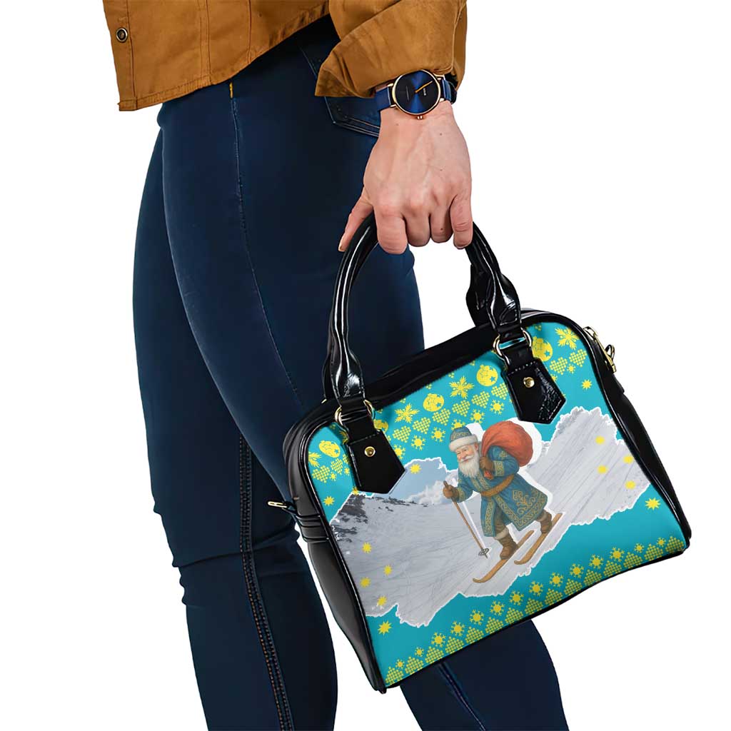 Kazakhstan Christmas Shoulder Handbag with Santa Skiing in Traditional Outfit Snow Mountain and Sun Pattern - Wonder Print Shop