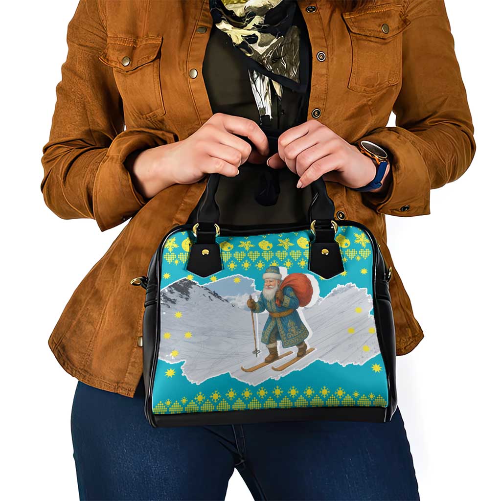 Kazakhstan Christmas Shoulder Handbag with Santa Skiing in Traditional Outfit Snow Mountain and Sun Pattern - Wonder Print Shop