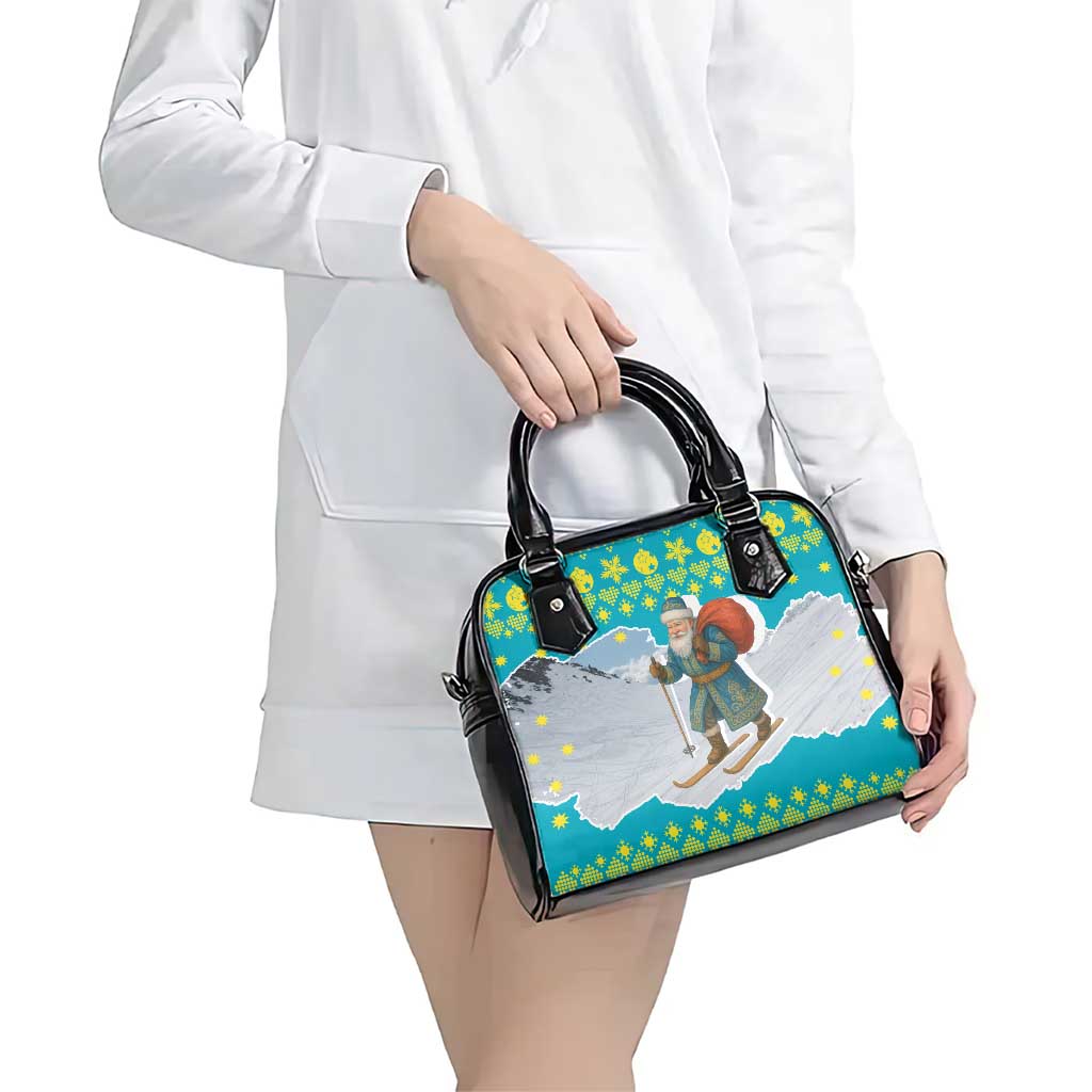 Kazakhstan Christmas Shoulder Handbag with Santa Skiing in Traditional Outfit Snow Mountain and Sun Pattern - Wonder Print Shop