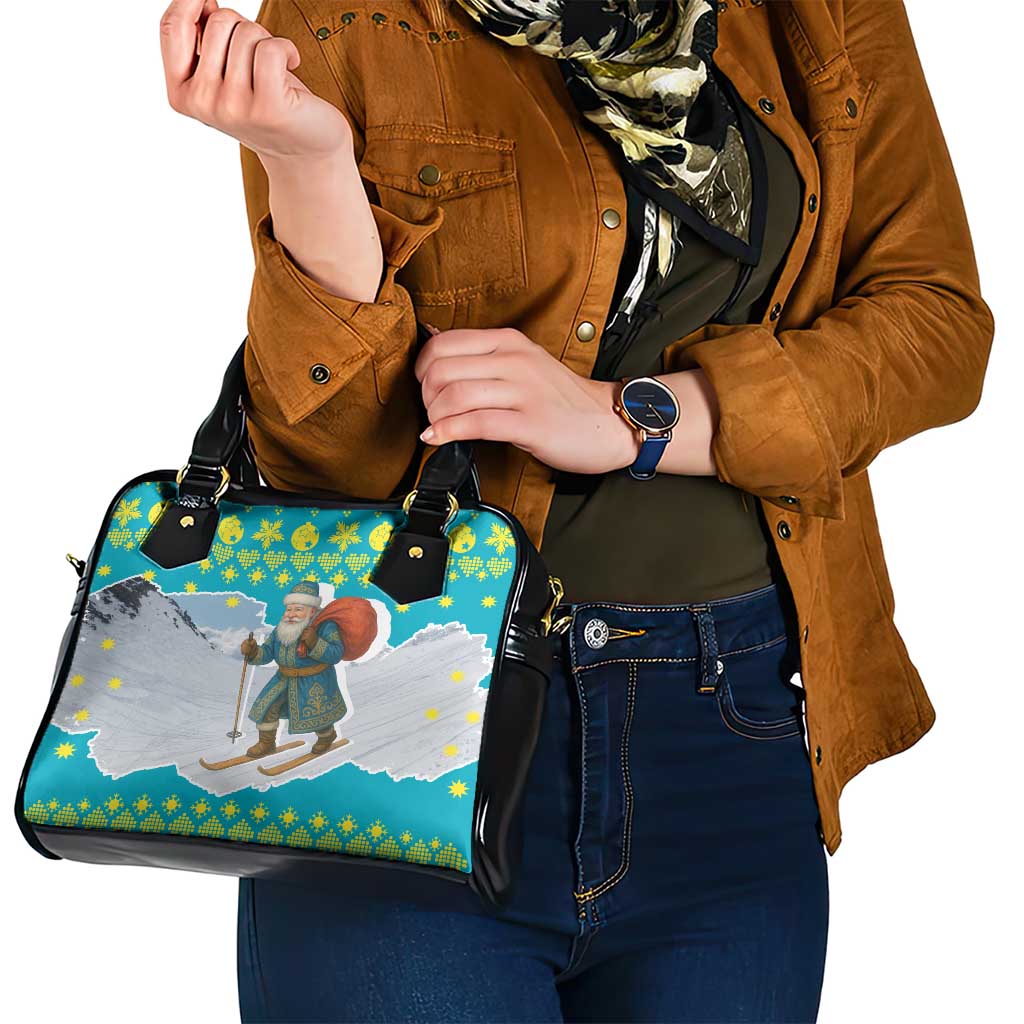 Kazakhstan Christmas Shoulder Handbag with Santa Skiing in Traditional Outfit Snow Mountain and Sun Pattern - Wonder Print Shop