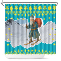 Kazakhstan Christmas Shower Curtain with Santa Skiing in Traditional Outfit Snow Mountain and Sun Pattern - Wonder Print Shop