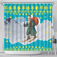 Kazakhstan Christmas Shower Curtain with Santa Skiing in Traditional Outfit Snow Mountain and Sun Pattern - Wonder Print Shop