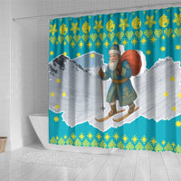Kazakhstan Christmas Shower Curtain with Santa Skiing in Traditional Outfit Snow Mountain and Sun Pattern - Wonder Print Shop