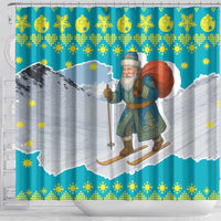 Kazakhstan Christmas Shower Curtain with Santa Skiing in Traditional Outfit Snow Mountain and Sun Pattern - Wonder Print Shop