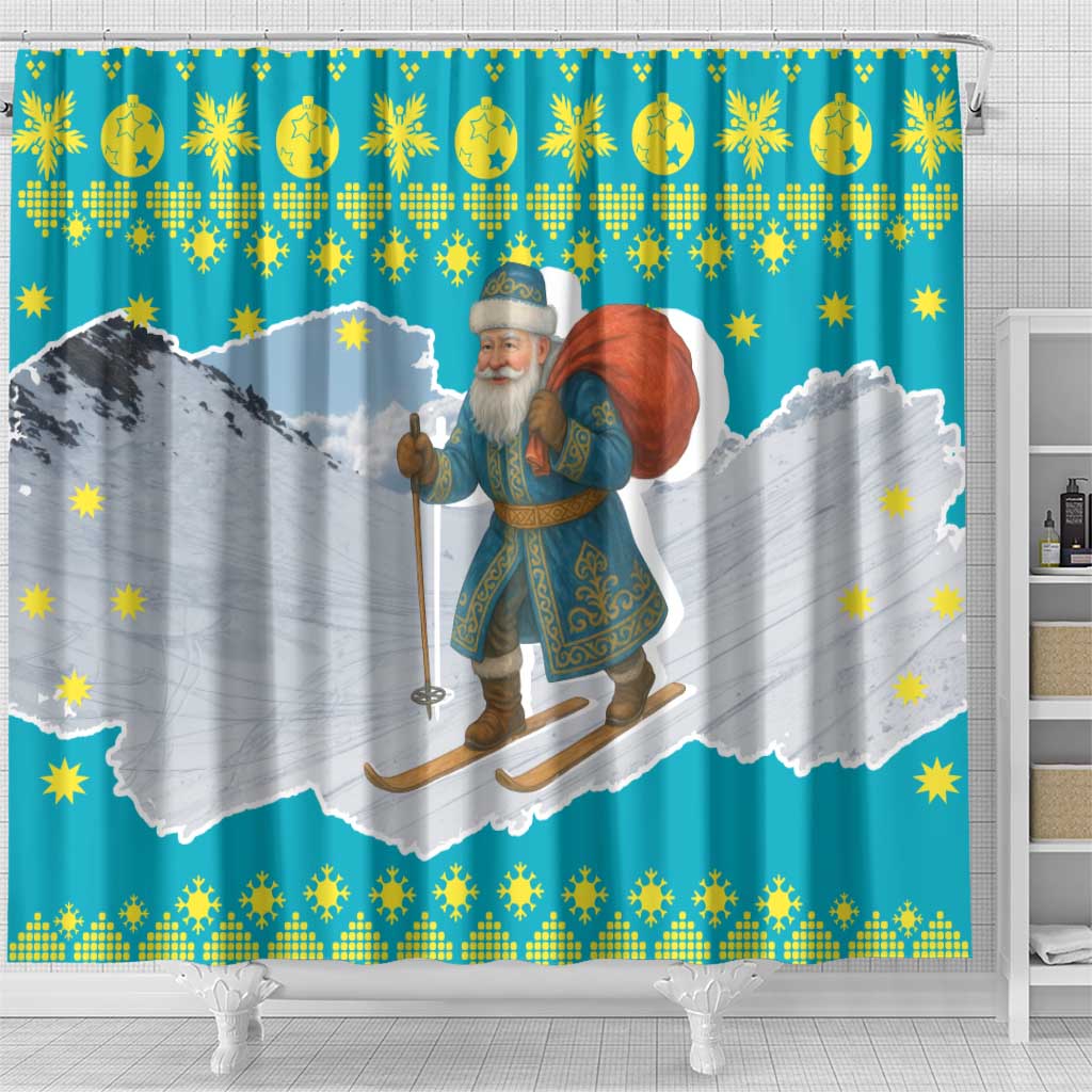Kazakhstan Christmas Shower Curtain with Santa Skiing in Traditional Outfit Snow Mountain and Sun Pattern - Wonder Print Shop
