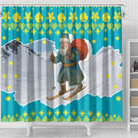 Kazakhstan Christmas Shower Curtain with Santa Skiing in Traditional Outfit Snow Mountain and Sun Pattern - Wonder Print Shop