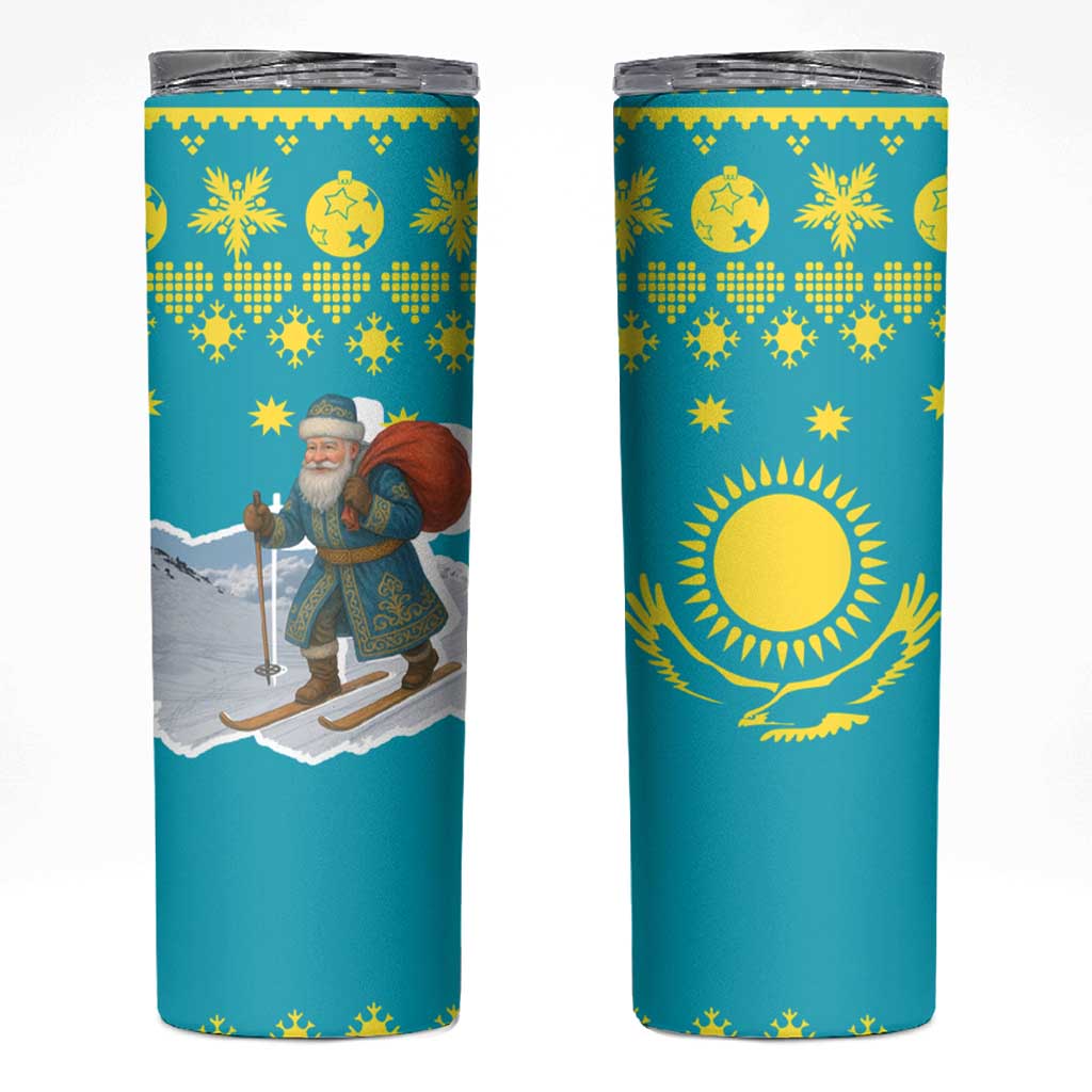 Kazakhstan Christmas Skinny Tumbler with Santa Skiing in Traditional Outfit Snow Mountain and Sun Pattern - Wonder Print Shop