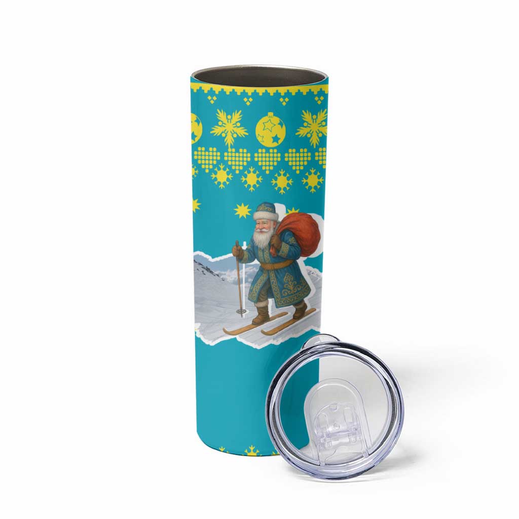 Kazakhstan Christmas Skinny Tumbler with Santa Skiing in Traditional Outfit Snow Mountain and Sun Pattern - Wonder Print Shop