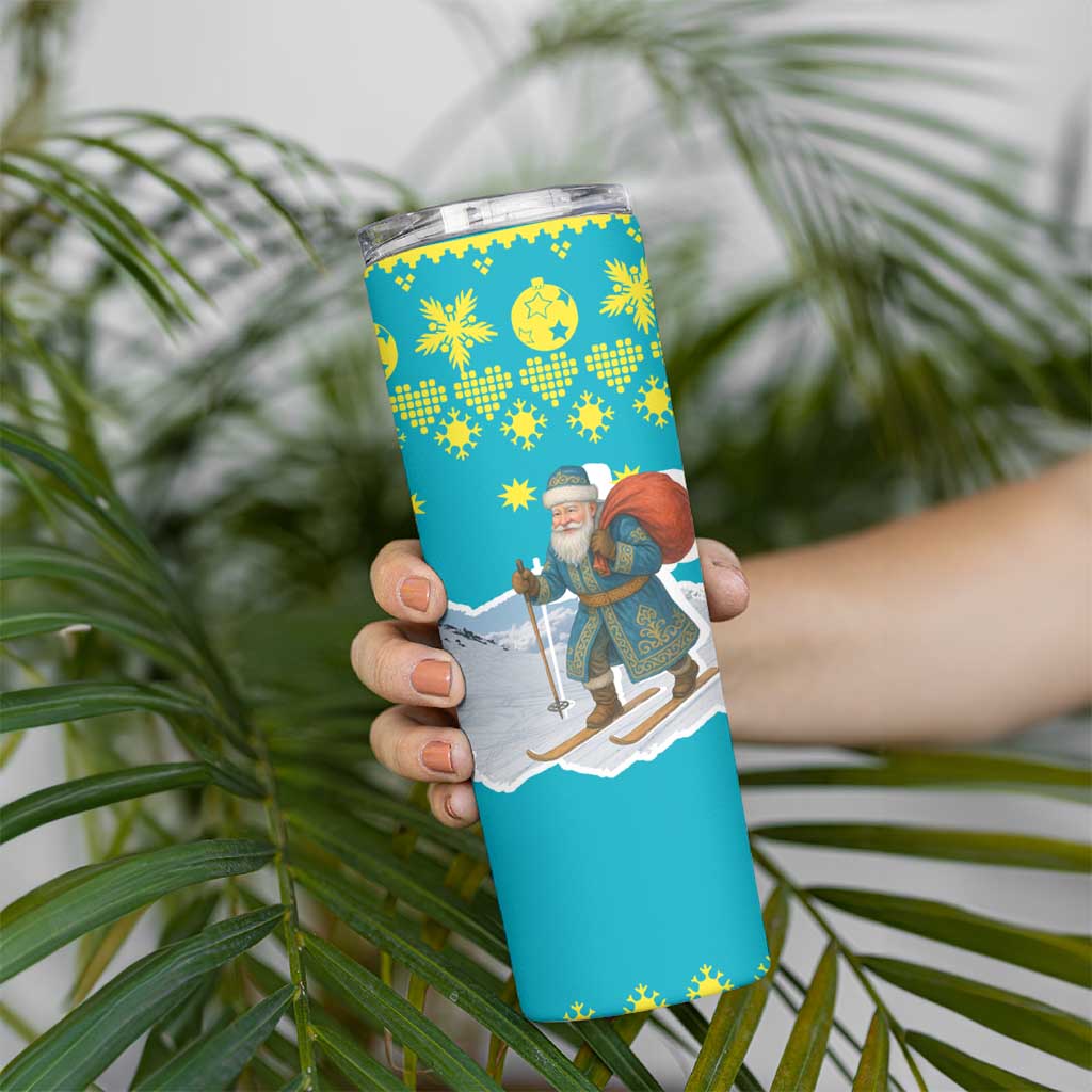 Kazakhstan Christmas Skinny Tumbler with Santa Skiing in Traditional Outfit Snow Mountain and Sun Pattern - Wonder Print Shop
