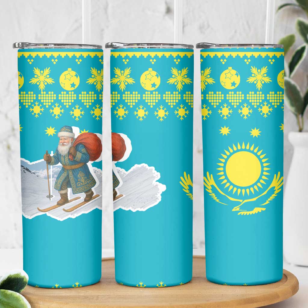 Kazakhstan Christmas Skinny Tumbler with Santa Skiing in Traditional Outfit Snow Mountain and Sun Pattern - Wonder Print Shop