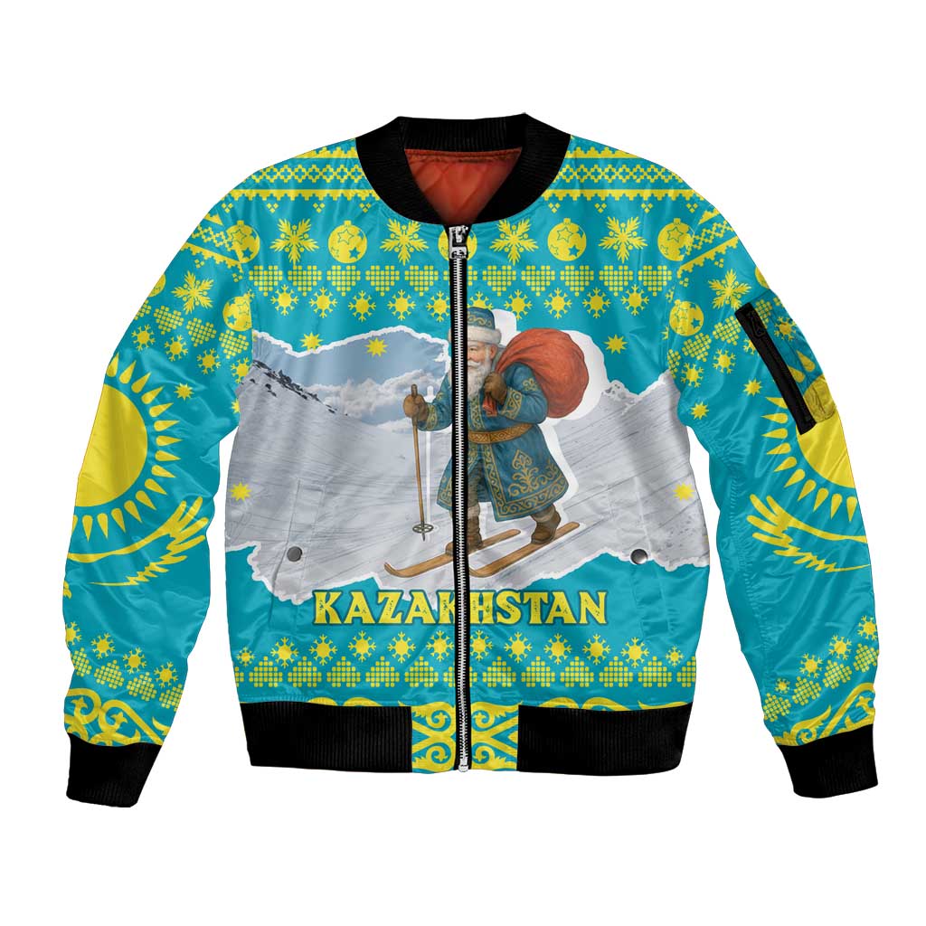 Kazakhstan Christmas Sleeve Zip Bomber Jacket with Santa Skiing in Traditional Outfit Snow Mountain and Sun Pattern - Wonder Print Shop