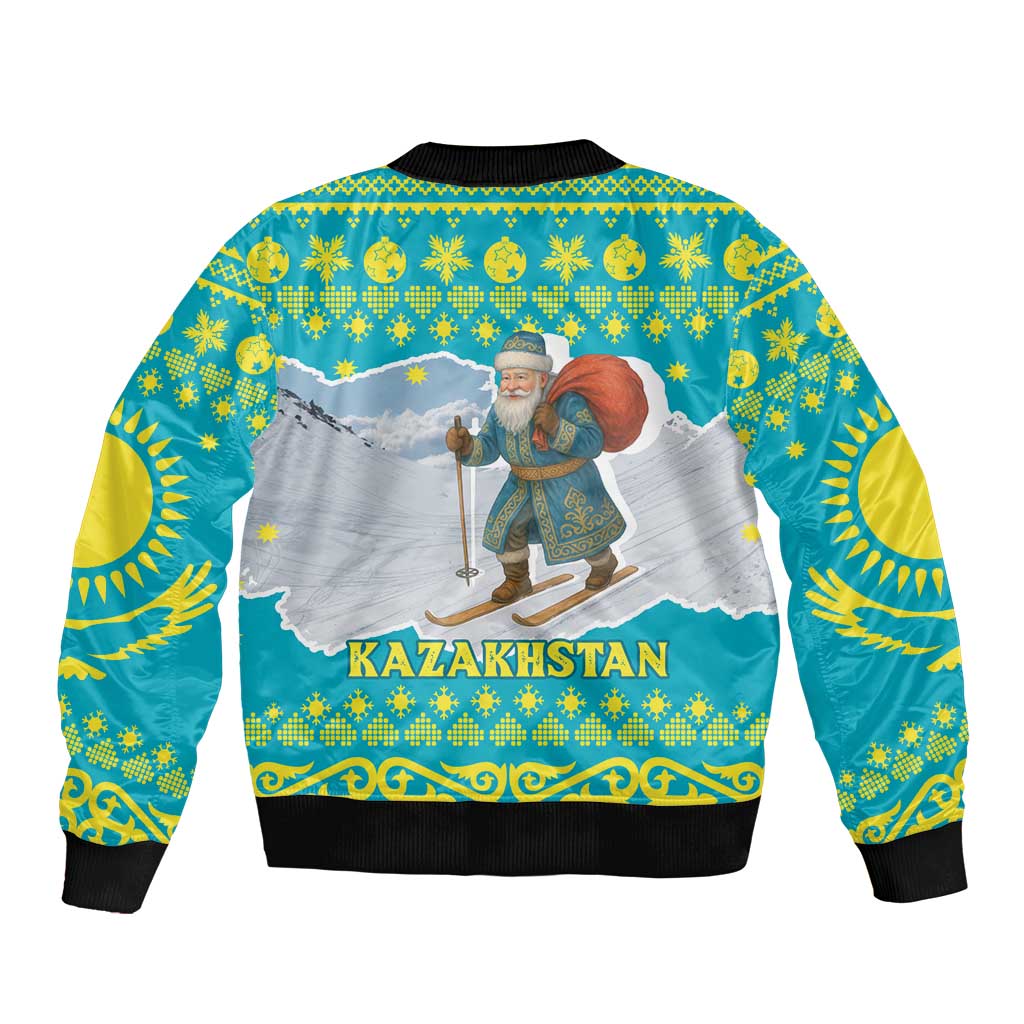 Kazakhstan Christmas Sleeve Zip Bomber Jacket with Santa Skiing in Traditional Outfit Snow Mountain and Sun Pattern - Wonder Print Shop
