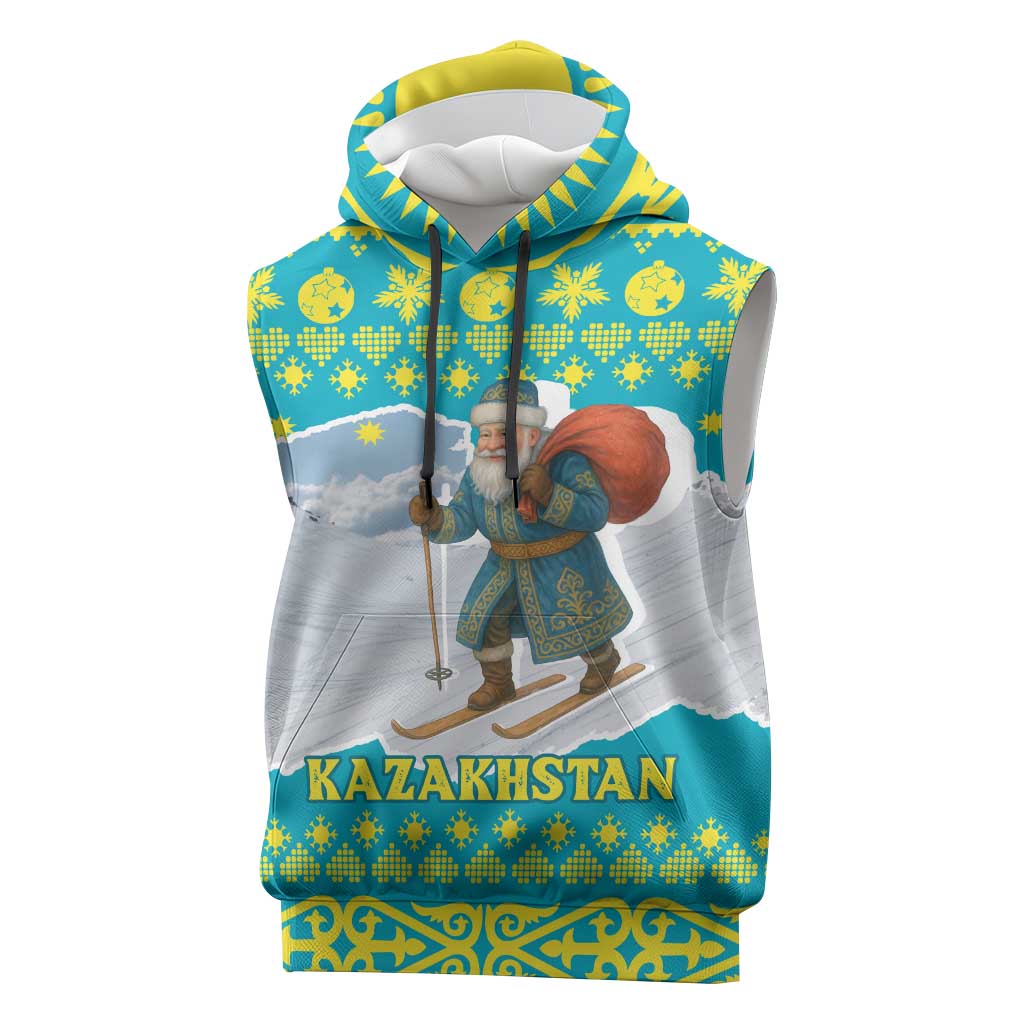 Kazakhstan Christmas Sleeveless Hoodie with Santa Skiing in Traditional Outfit Snow Mountain and Sun Pattern - Wonder Print Shop