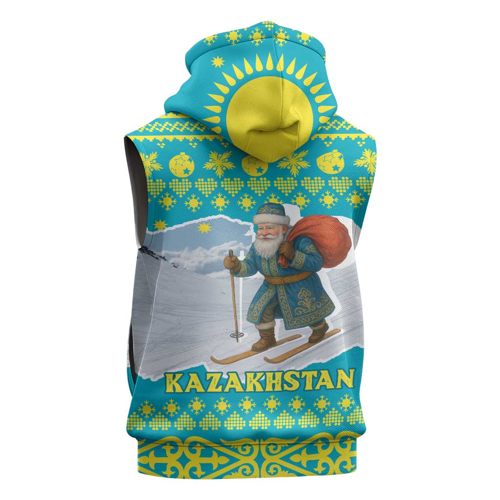Kazakhstan Christmas Sleeveless Hoodie with Santa Skiing in Traditional Outfit Snow Mountain and Sun Pattern - Wonder Print Shop