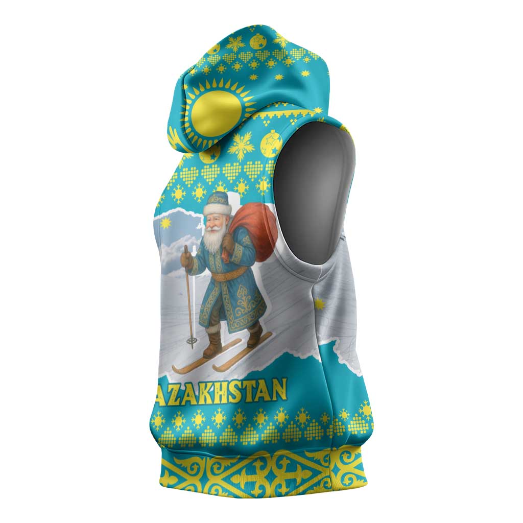 Kazakhstan Christmas Sleeveless Hoodie with Santa Skiing in Traditional Outfit Snow Mountain and Sun Pattern - Wonder Print Shop
