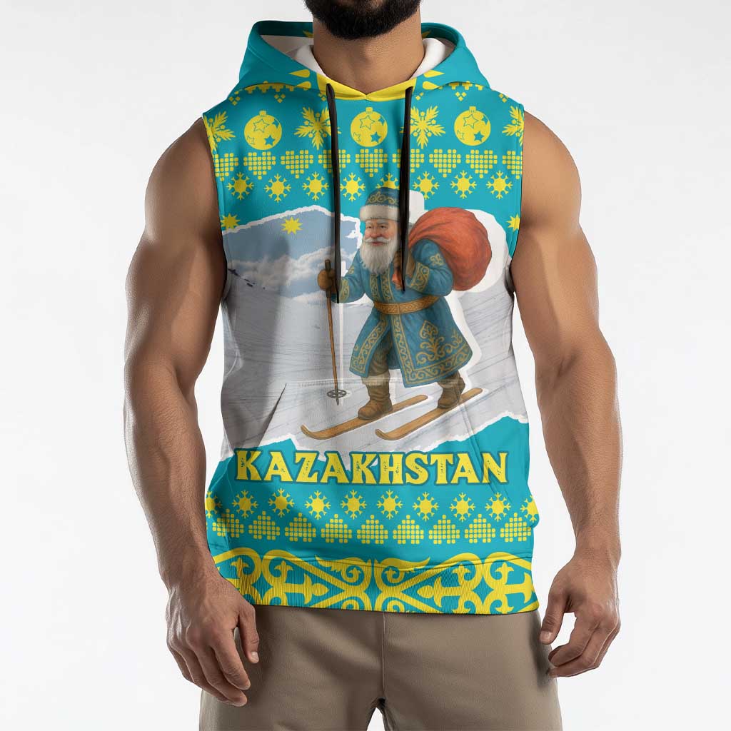 Kazakhstan Christmas Sleeveless Hoodie with Santa Skiing in Traditional Outfit Snow Mountain and Sun Pattern - Wonder Print Shop