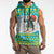 Kazakhstan Christmas Sleeveless Hoodie with Santa Skiing in Traditional Outfit Snow Mountain and Sun Pattern - Wonder Print Shop