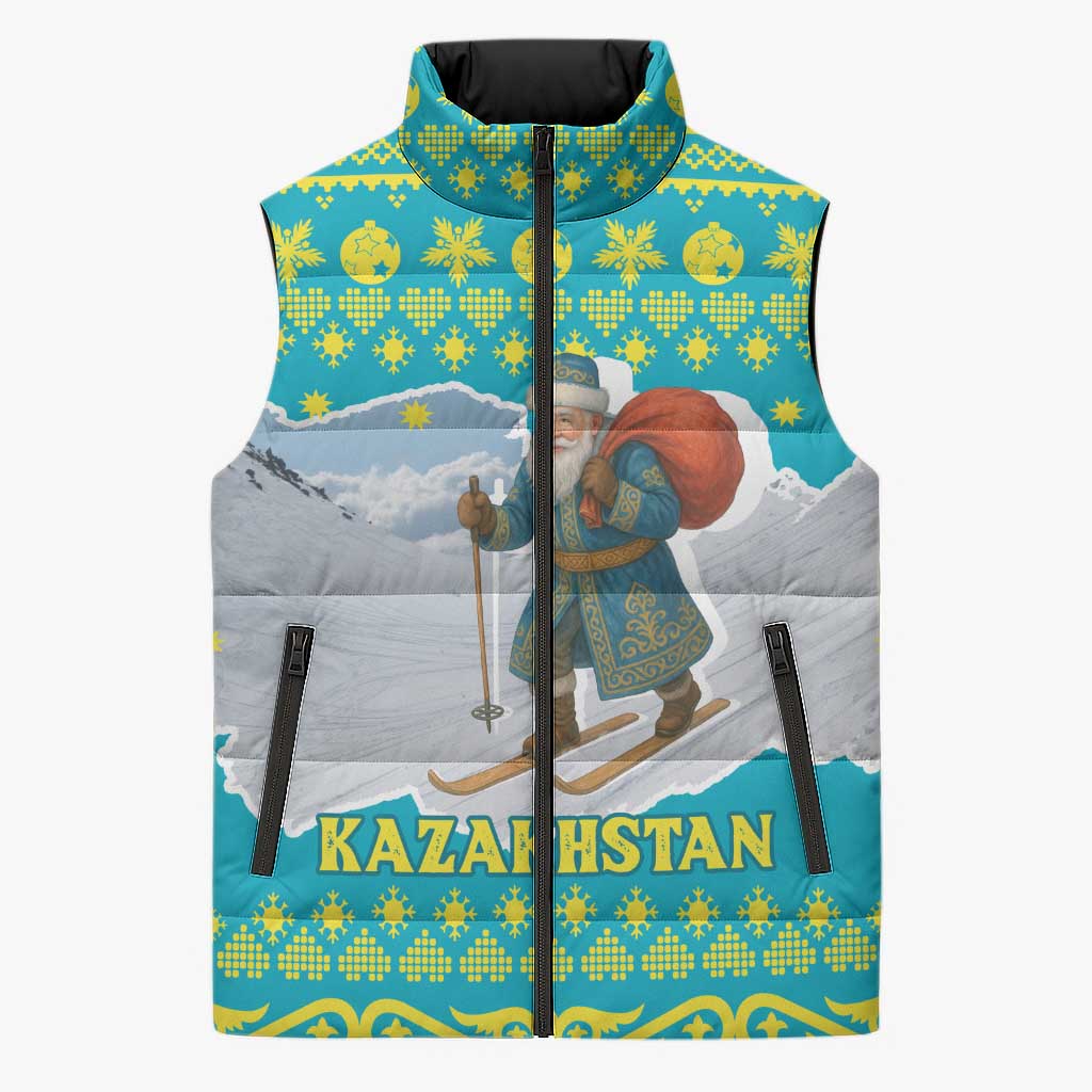 Kazakhstan Christmas Sleeveless Puffer Jacket with Santa Skiing in Traditional Outfit Snow Mountain and Sun Pattern - Wonder Print Shop