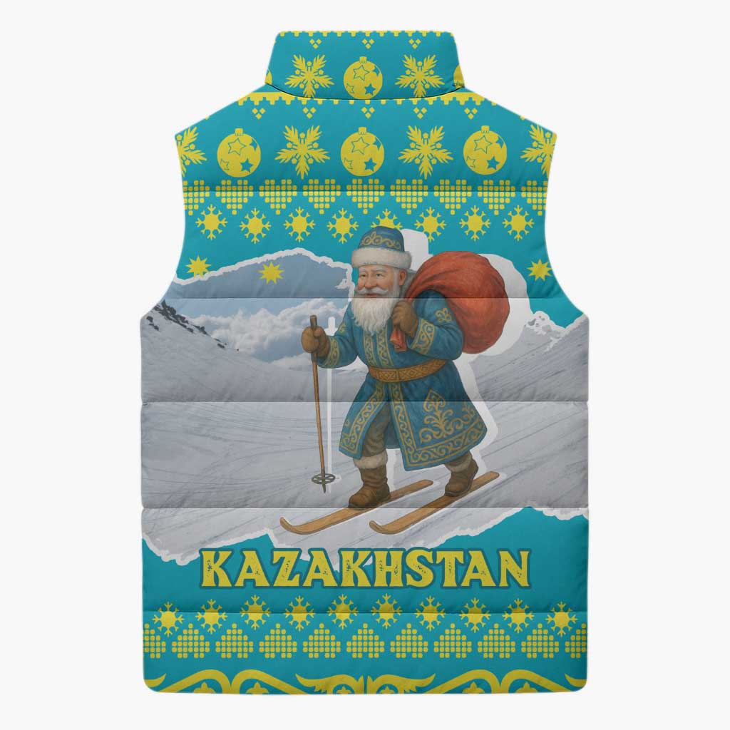 Kazakhstan Christmas Sleeveless Puffer Jacket with Santa Skiing in Traditional Outfit Snow Mountain and Sun Pattern - Wonder Print Shop