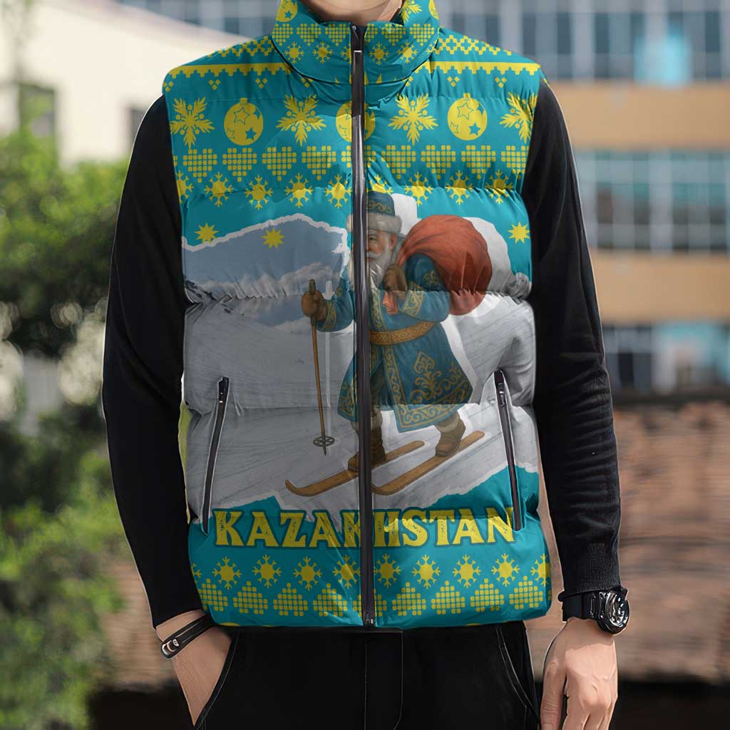 Kazakhstan Christmas Sleeveless Puffer Jacket with Santa Skiing in Traditional Outfit Snow Mountain and Sun Pattern - Wonder Print Shop