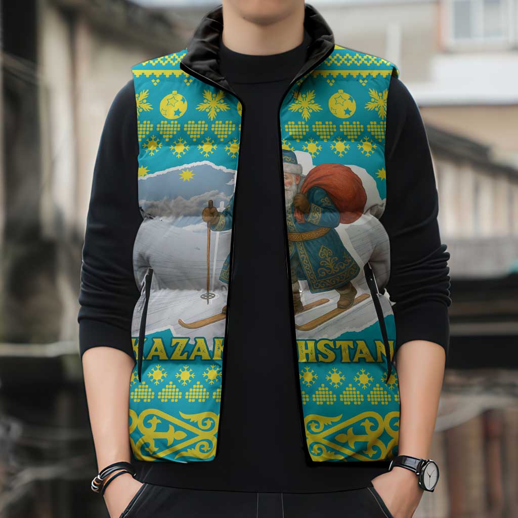 Kazakhstan Christmas Sleeveless Puffer Jacket with Santa Skiing in Traditional Outfit Snow Mountain and Sun Pattern - Wonder Print Shop