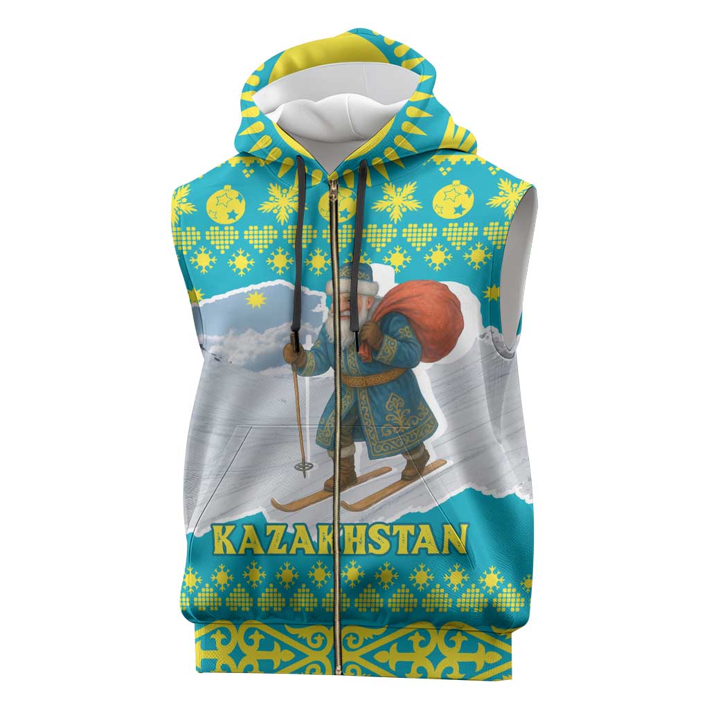 Kazakhstan Christmas Sleeveless Zip Hoodie with Santa Skiing in Traditional Outfit Snow Mountain and Sun Pattern - Wonder Print Shop