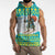 Kazakhstan Christmas Sleeveless Zip Hoodie with Santa Skiing in Traditional Outfit Snow Mountain and Sun Pattern - Wonder Print Shop