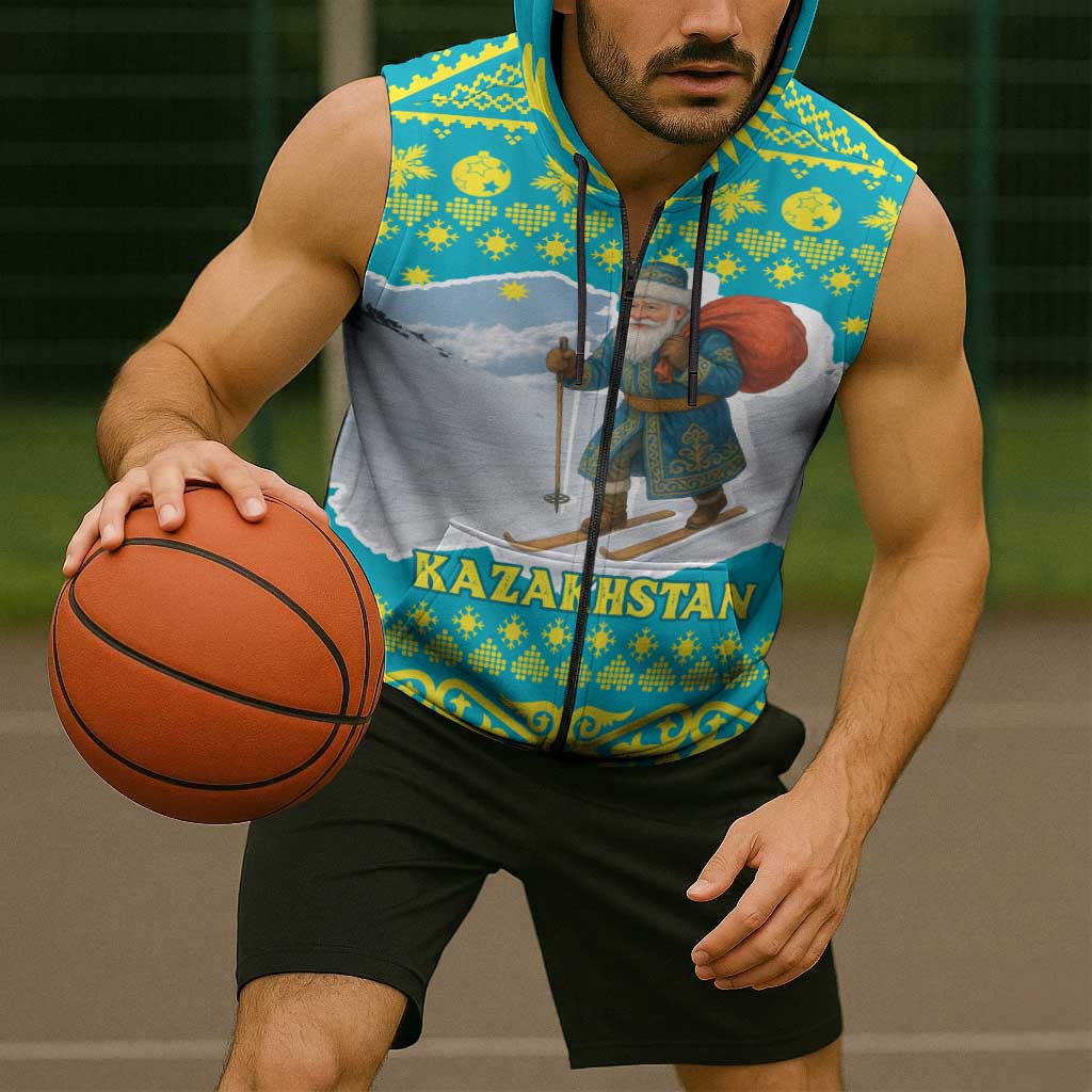 Kazakhstan Christmas Sleeveless Zip Hoodie with Santa Skiing in Traditional Outfit Snow Mountain and Sun Pattern - Wonder Print Shop