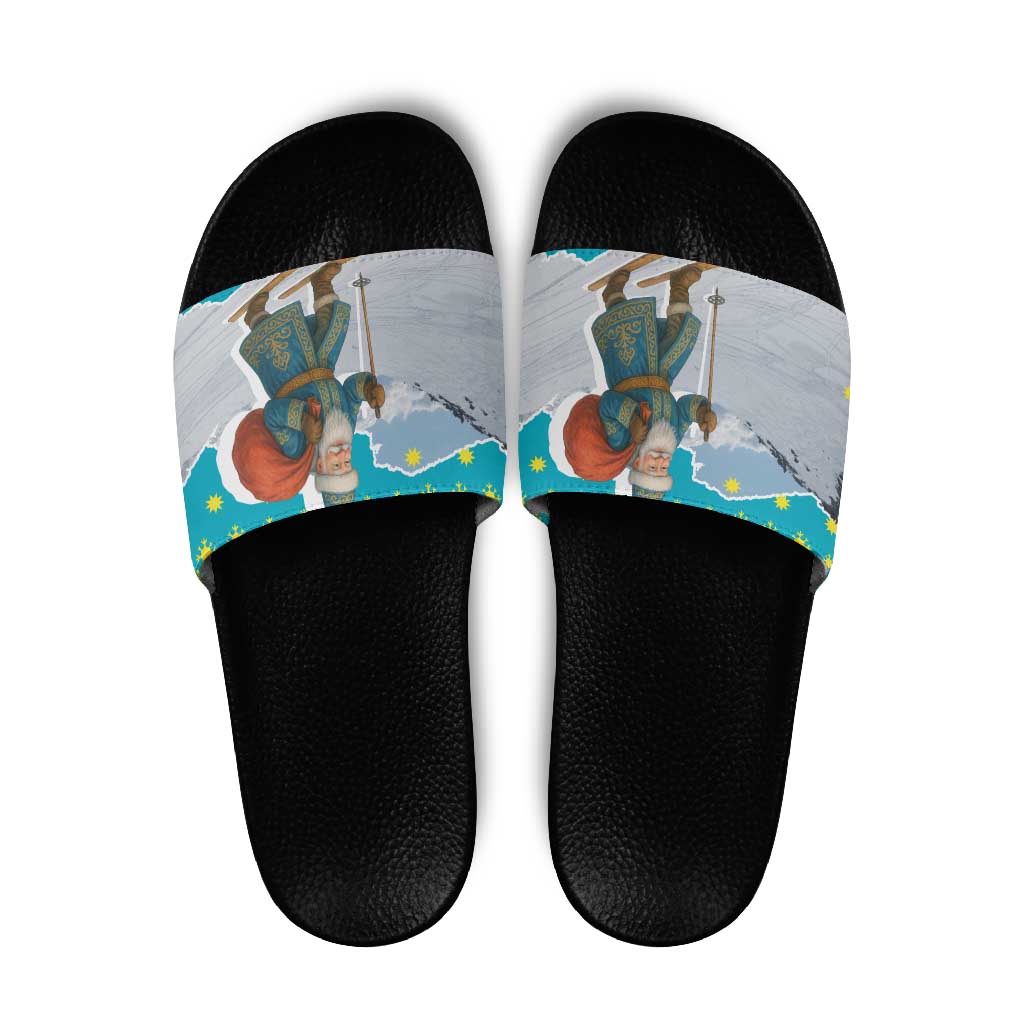 Kazakhstan Christmas Slide Sandals with Santa Skiing in Traditional Outfit Snow Mountain and Sun Pattern - Wonder Print Shop
