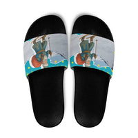 Kazakhstan Christmas Slide Sandals with Santa Skiing in Traditional Outfit Snow Mountain and Sun Pattern - Wonder Print Shop