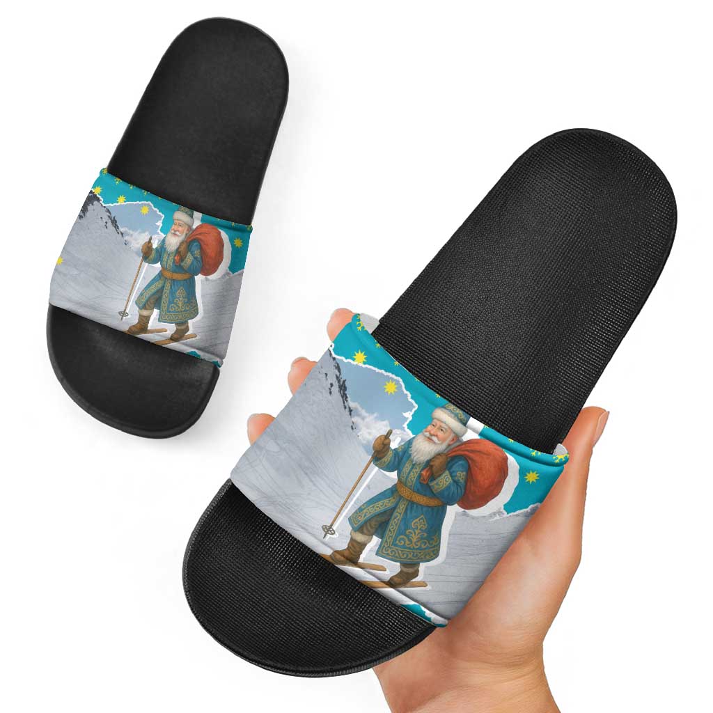 Kazakhstan Christmas Slide Sandals with Santa Skiing in Traditional Outfit Snow Mountain and Sun Pattern - Wonder Print Shop