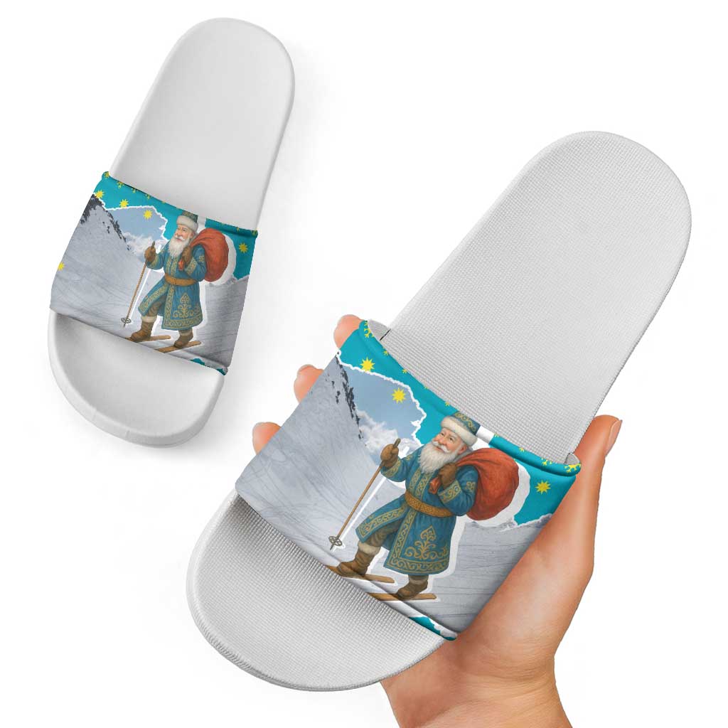 Kazakhstan Christmas Slide Sandals with Santa Skiing in Traditional Outfit Snow Mountain and Sun Pattern - Wonder Print Shop