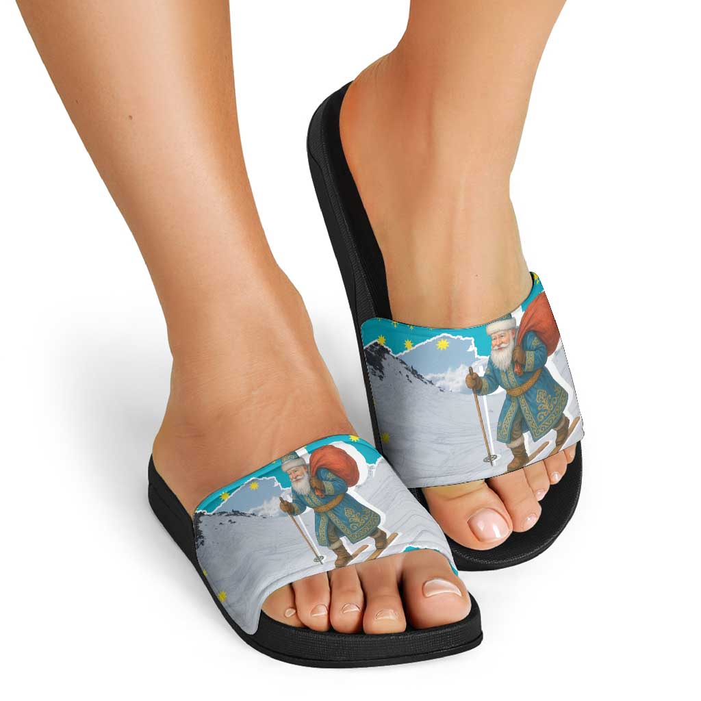Kazakhstan Christmas Slide Sandals with Santa Skiing in Traditional Outfit Snow Mountain and Sun Pattern - Wonder Print Shop