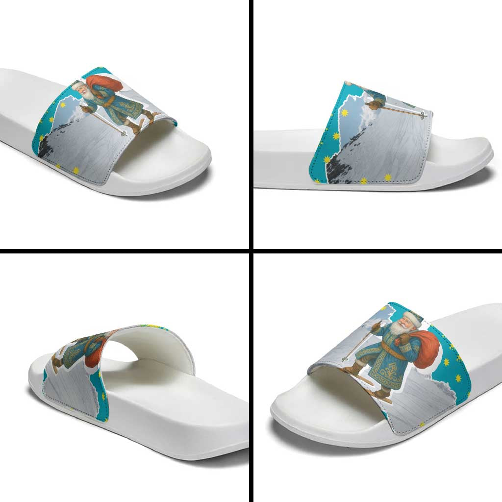 Kazakhstan Christmas Slide Sandals with Santa Skiing in Traditional Outfit Snow Mountain and Sun Pattern - Wonder Print Shop