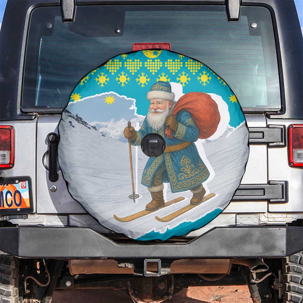 Kazakhstan Christmas Spare Tire Cover with Santa Skiing in Traditional Outfit Snow Mountain and Sun Pattern - Wonder Print Shop