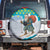 Kazakhstan Christmas Spare Tire Cover with Santa Skiing in Traditional Outfit Snow Mountain and Sun Pattern - Wonder Print Shop