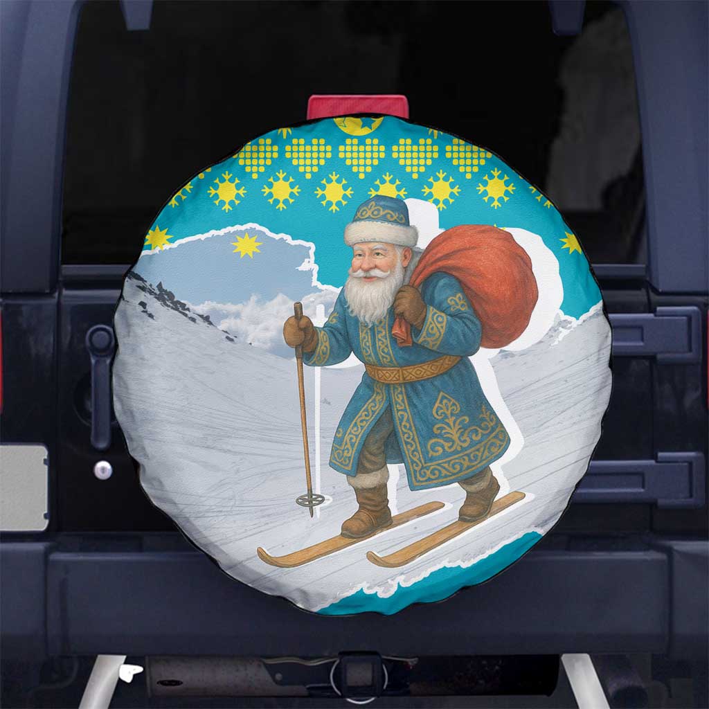 Kazakhstan Christmas Spare Tire Cover with Santa Skiing in Traditional Outfit Snow Mountain and Sun Pattern - Wonder Print Shop