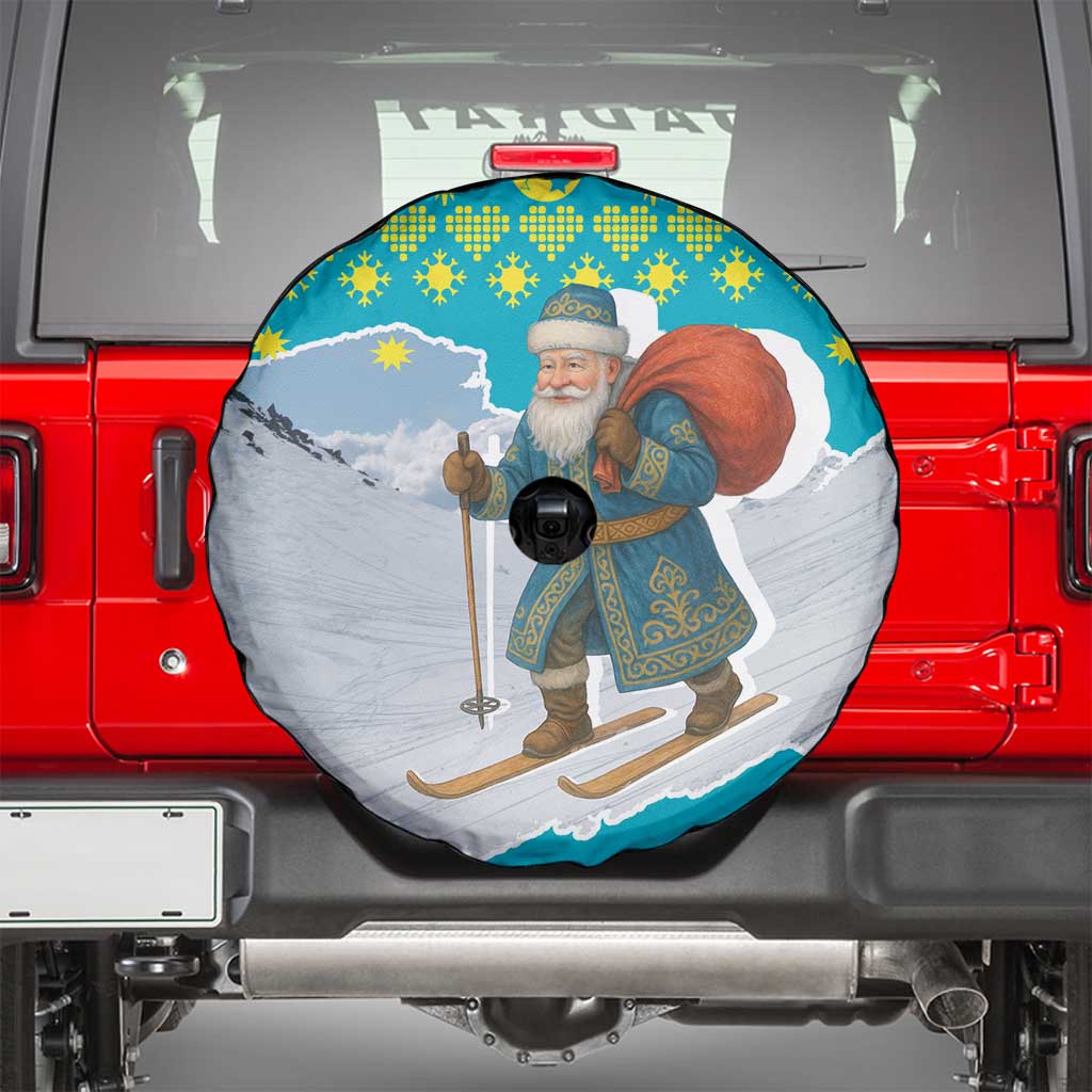 Kazakhstan Christmas Spare Tire Cover with Santa Skiing in Traditional Outfit Snow Mountain and Sun Pattern - Wonder Print Shop