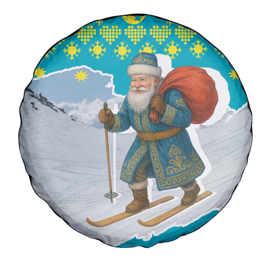 Kazakhstan Christmas Spare Tire Cover with Santa Skiing in Traditional Outfit Snow Mountain and Sun Pattern - Wonder Print Shop