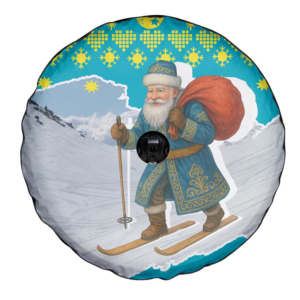Kazakhstan Christmas Spare Tire Cover with Santa Skiing in Traditional Outfit Snow Mountain and Sun Pattern - Wonder Print Shop