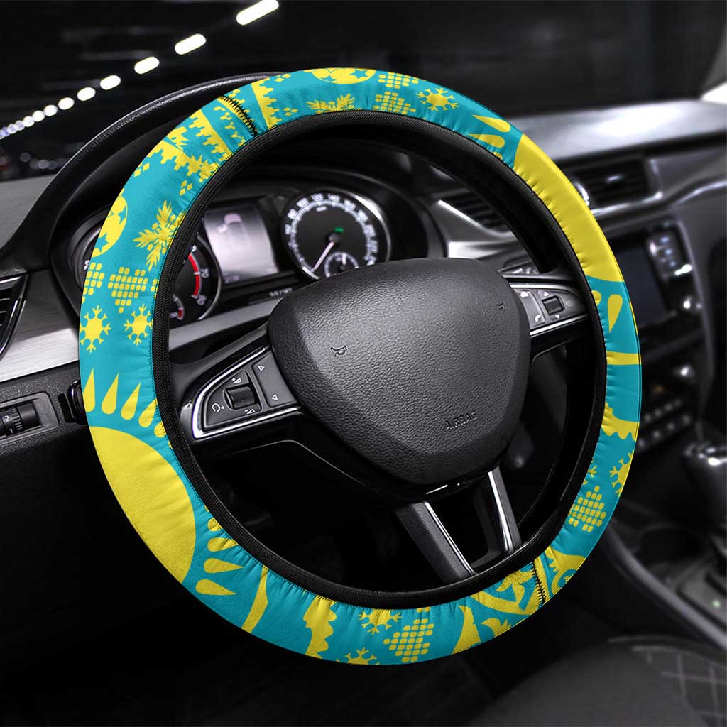 Kazakhstan Christmas Steering Wheel Cover with Santa Skiing in Traditional Outfit Snow Mountain and Sun Pattern - Wonder Print Shop