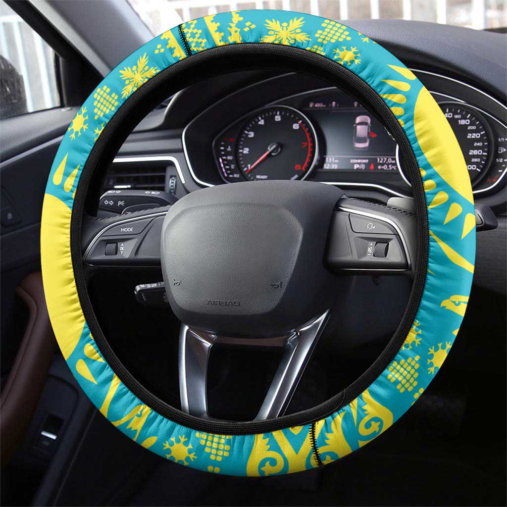 Kazakhstan Christmas Steering Wheel Cover with Santa Skiing in Traditional Outfit Snow Mountain and Sun Pattern - Wonder Print Shop