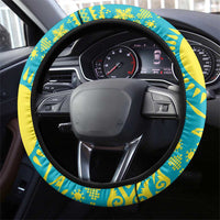 Kazakhstan Christmas Steering Wheel Cover with Santa Skiing in Traditional Outfit Snow Mountain and Sun Pattern - Wonder Print Shop