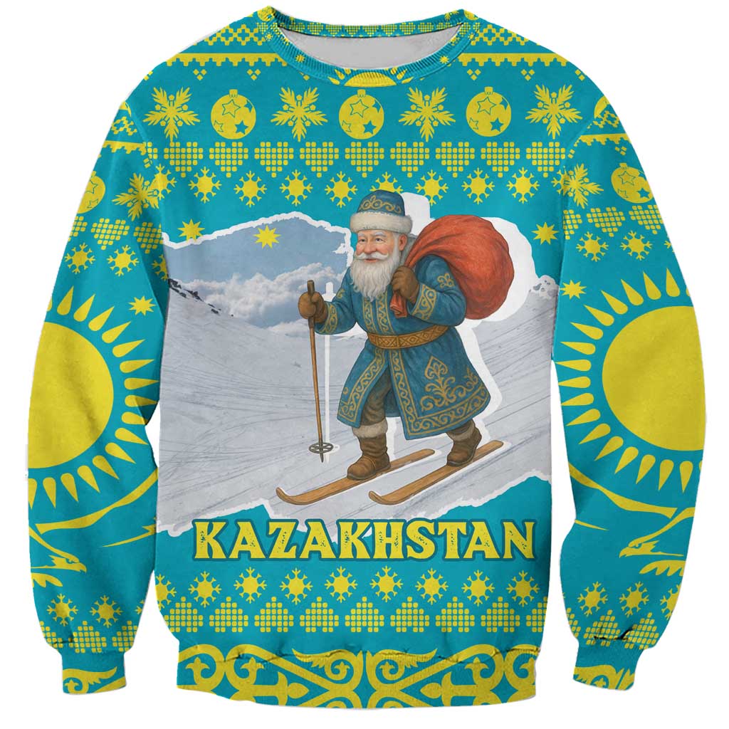 Kazakhstan Christmas Sweatshirt with Santa Skiing in Traditional Outfit Snow Mountain and Sun Pattern - Wonder Print Shop