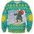 Kazakhstan Christmas Sweatshirt with Santa Skiing in Traditional Outfit Snow Mountain and Sun Pattern - Wonder Print Shop