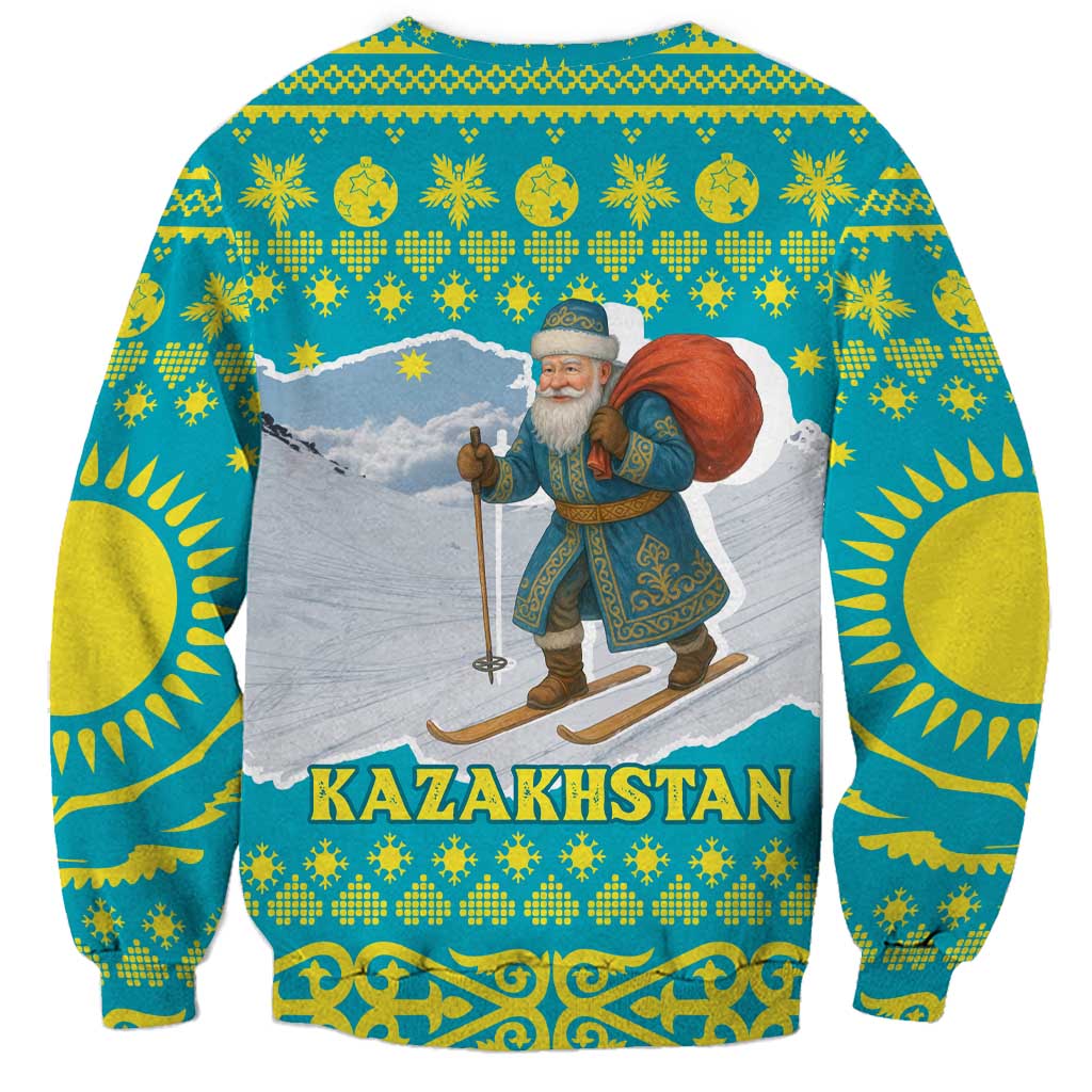Kazakhstan Christmas Sweatshirt with Santa Skiing in Traditional Outfit Snow Mountain and Sun Pattern - Wonder Print Shop